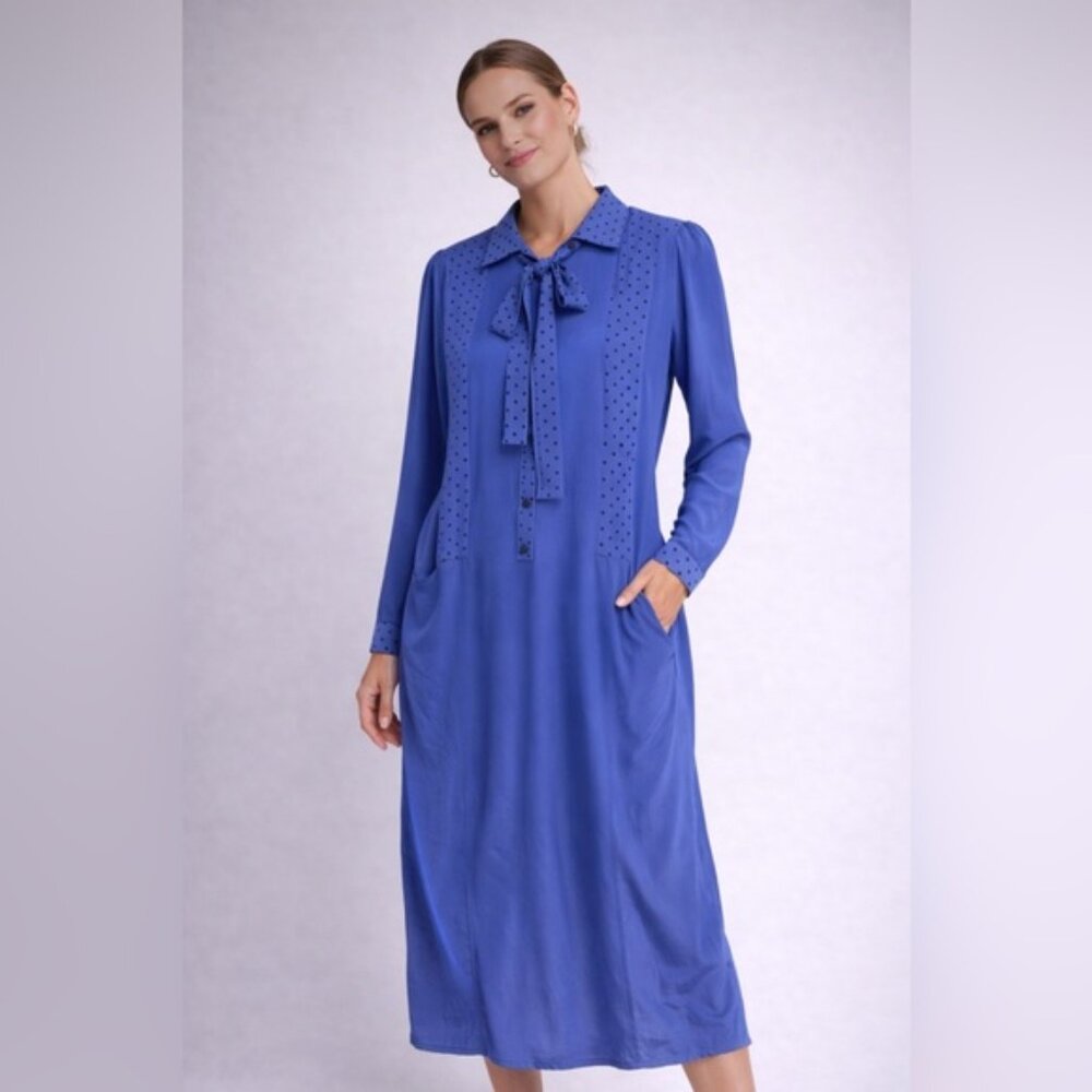Vintage Royal Blue Polka Dot Tie-Neck Midi Dress Approx L